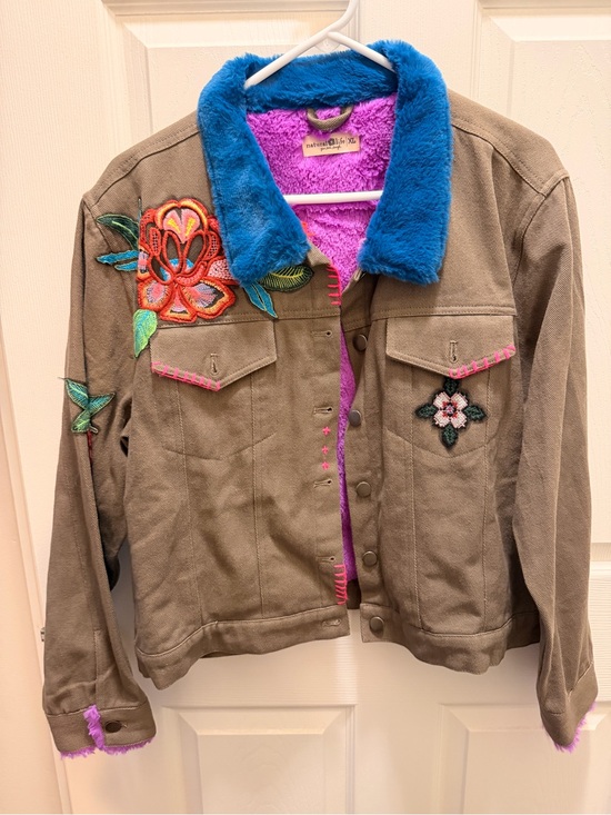NATURAL LIFE Jackets & Blazers - Natural Life Olive Green Jacket with Bright Blue Faux-Fur Collar and Purple Lini